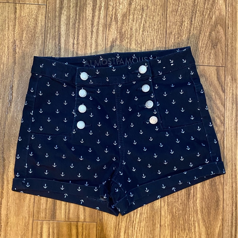 Almost Famous High Waisted Anchor Shorts Cuff Hem Front Buttons Size 5 Navy